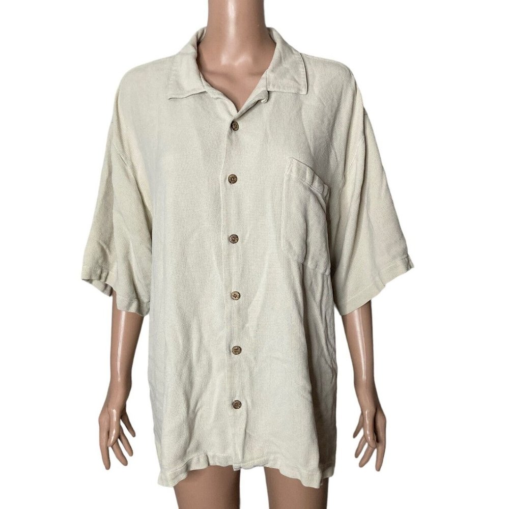 Tommy Bahama Shirt Mens XL Hawaiian Beige Button Front Short Sleeve
